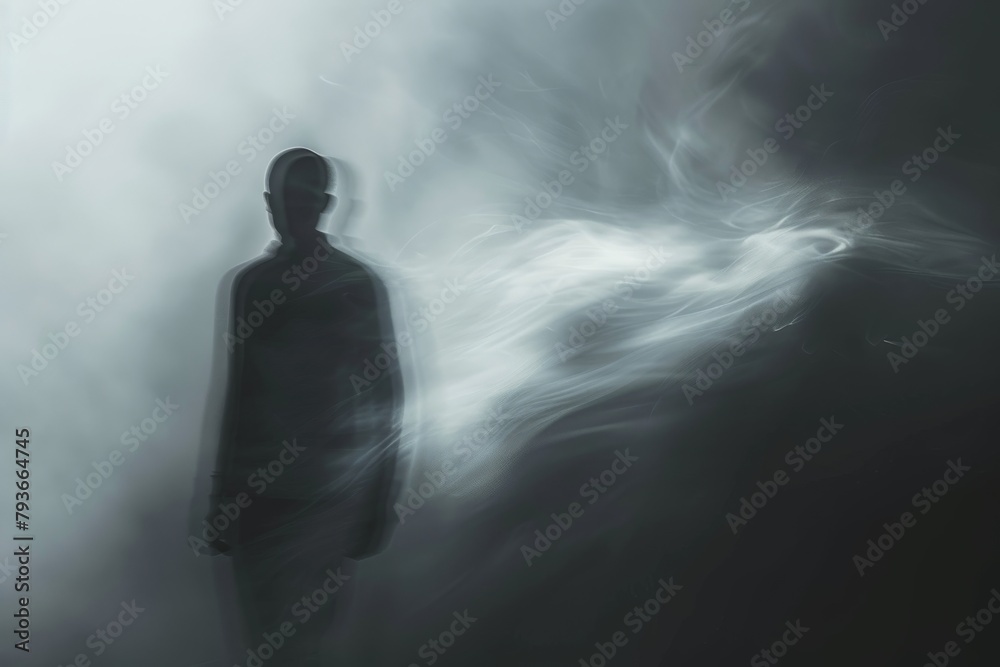 Sinister ghostly figure emerging from the shadows with a transparent white background