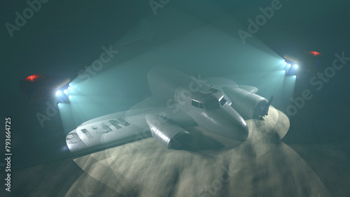 High quality 3D illustration of two ROVs inspecting a crashed twin engine late 1930's type airplcraft on the sandy bottom of the ocean. photo