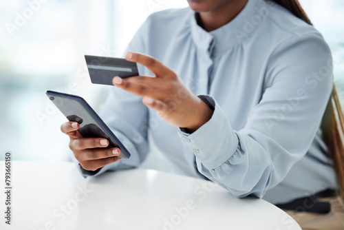 Business, hands and black woman with credit card, smartphone and typing with connection, payment and online banking. Closeup, African person and consultant with cellphone, ecommerce and discount deal
