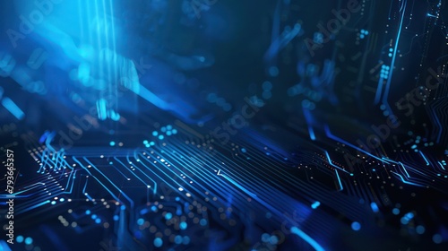futuristic microchip CPU circuit board with blue light technology