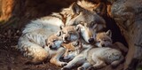 Mother wolf lying in her den with her playful pups.