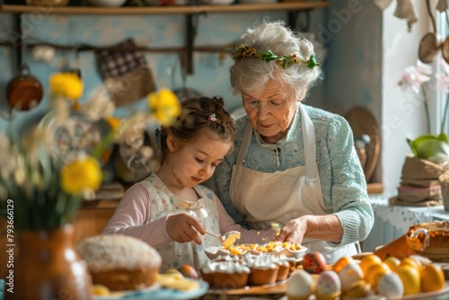 Grandmother and granddaughter are cooking together in the kitchen and smiling at each other