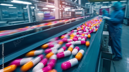 conveyor belt filled with various vibrant pills moving in a factory production line, Pharmaceutical production line in a modern factory