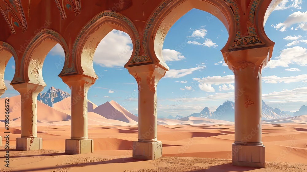Traditional Islamic arches against a tranquil desert background, symbolizing spiritual solitude