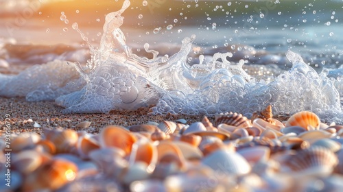 detailed view capturing a collection of different seashells arranged haphazardly on the sandy shore of a beach, Waves crashing on a sandy beach filled with seashells photo