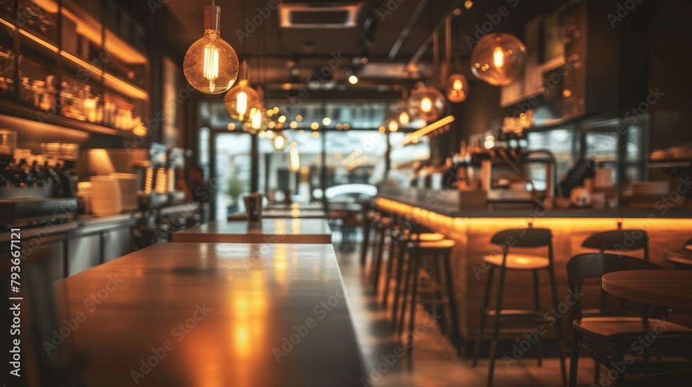 dimly lit restaurant filled with numerous tables and chairs, providing ample seating for guests, An empty restaurant kitchen glistening under soft, warm lighting