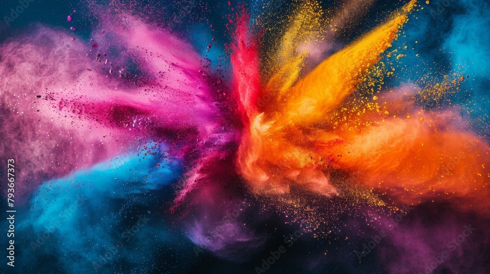 dynamic group of colored powders explodes into the air, creating a ...
