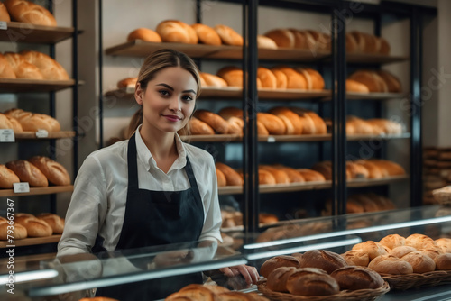 Verkäuferin in einer Bäckerei, umgeben von Regalen voller frisch gebackener Brote und Backwaren.