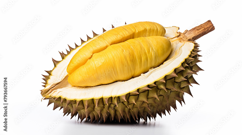 Ripe durian fruit elegantly displayed on a clean white background, highlighting its unique texture and aroma.
Ripe durian fruit elegantly displayed on a clean white background, highlighting its unique texture and aroma.