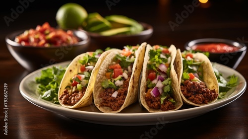 Three tacos on a plate with a bowl of salsa in the background