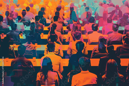 Vivid audience listening to a speaker at a colorful conference event