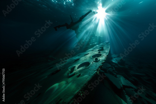 The warship with large holes on board lies on the bottom of the ocean, the rays of the sun shine through the water style row