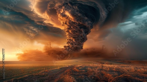 large and powerful tornado cloud looms menacingly over an expansive field, posing a threat to the nearby surroundings, massive twister ripping across open plains photo
