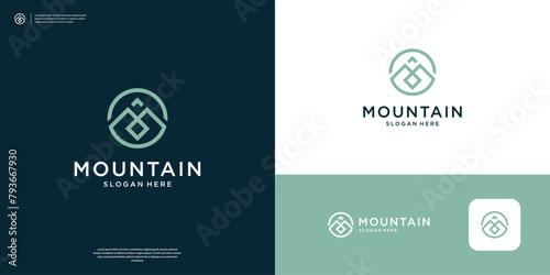 Minimalist Mountain and arrow logo design with line art style