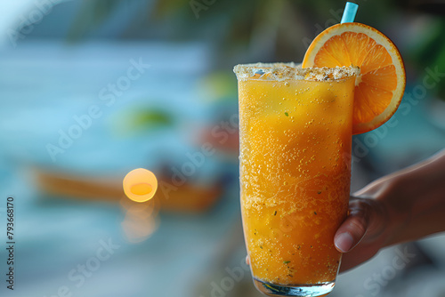 fruit juice very teasty ,
Tropical orange cocktail with blurred beach background

 photo