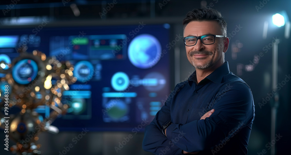 Fototapeta premium A confident engineer with a welcoming smile stands in a high-tech robotics automation laboratory. 