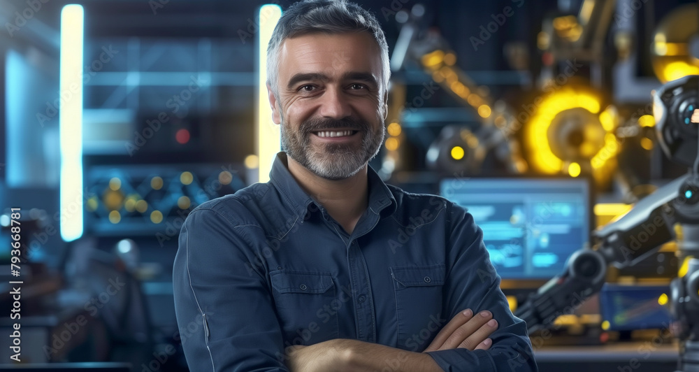 A confident engineer with a welcoming smile stands in a high-tech robotics automation laboratory.
A confident engineer with a welcoming smile stands in a high-tech robotics automation laboratory.