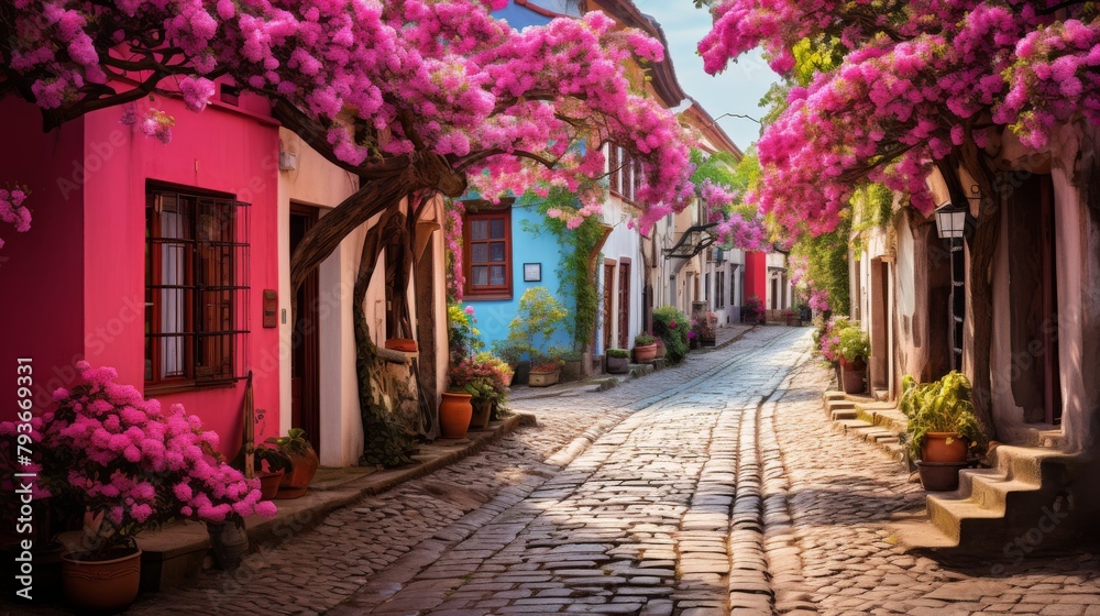 A quaint cobblestone street lined with vibrant pink flowers on the trees