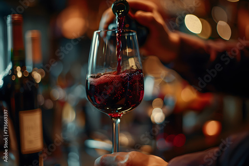 Pouring red wine from a bottle into a wine glass close-up
