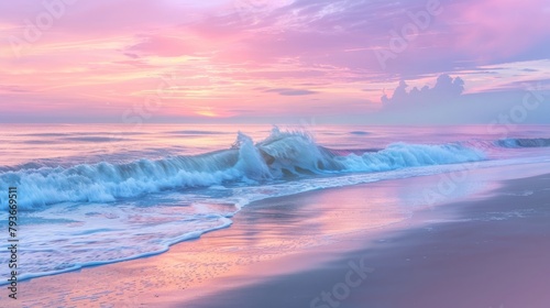 powerful scene of waves crashing onto the sandy shore of a beach with intense force, serene beach at dawn with pastel hues photo