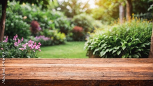 Empty wood table top on blur abstract green from garden and house background.