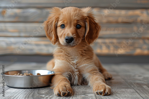 A cute golden retriever puppy with its food bowl  feeding a puppy dog