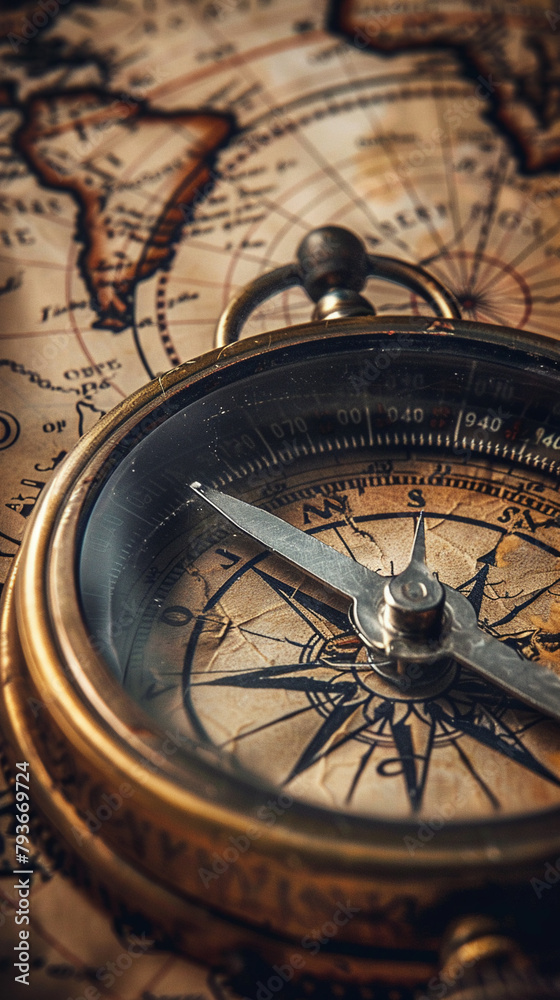 Close-up of an antique compass on aged map, intricate details, vintage exploration theme, realistic texture Close-up of an antique compass on aged map, intricate details, vintage exploration theme, realistic texture