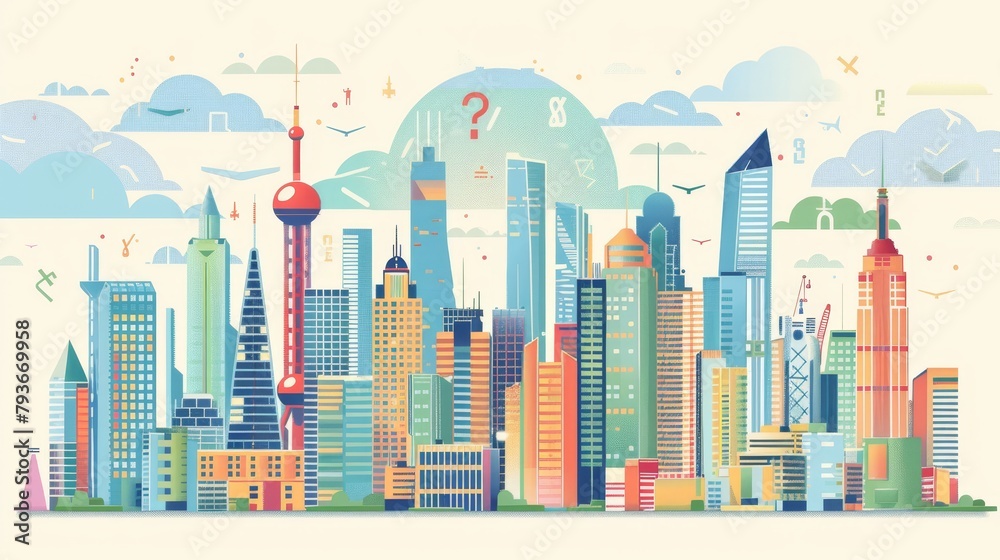 A modern city skyline in a cute cartoonish style  AI generated illustration