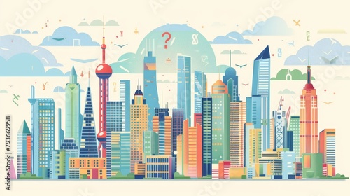 A modern city skyline in a cute cartoonish style AI generated illustration