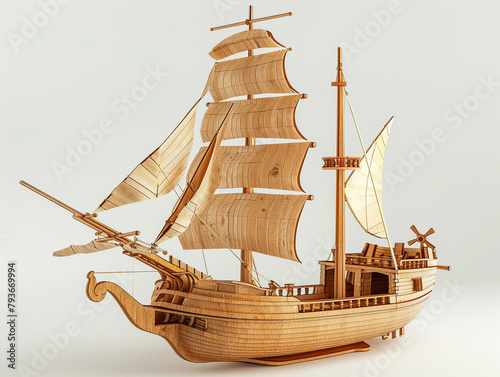 Detailed 3D vector of a wooden sailing ship model, historic and exploration theme, crafted with precision photo