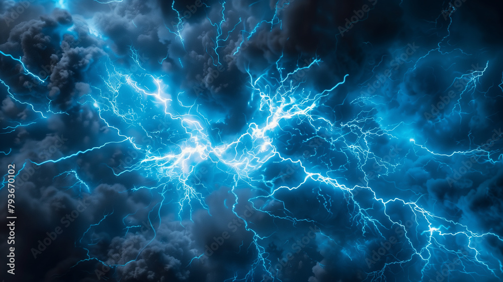 Thunderous cloudburst with web-like blue lightning, Concept of the sublime power of storms and the breathtaking intensity of atmospheric electricity - obrazy, fototapety, plakaty 