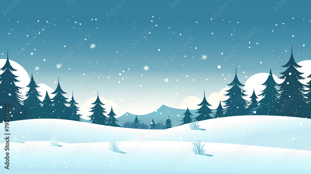 Idyllic winter scene with gently falling snow over serene evergreen forest, Concept of calm winter beauty, seasonal change, and holiday backdrop