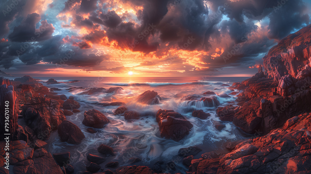 A beautiful sunset over a rocky coast. The sky is a vibrant orange and the water is a deep blue. The rocks are a rich red and the sun is just starting to set below the horizon.