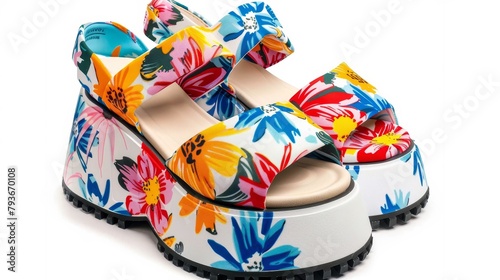 A pair of chunky platform sandals with a colorful floral print AI generated illustration