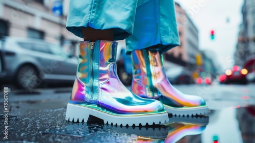 A pair of holographic ankle boots with a futuristic metallic sheen AI generated illustration