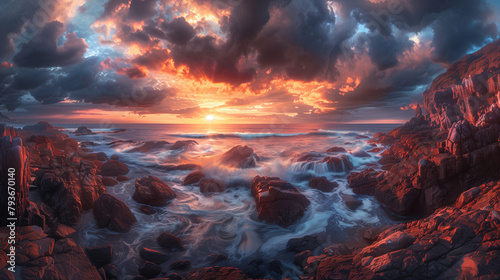 A beautiful sunset over a rocky coast. The sky is a vibrant orange and the water is a deep blue. The rocks are a rich red and the sun is just starting to set below the horizon. photo