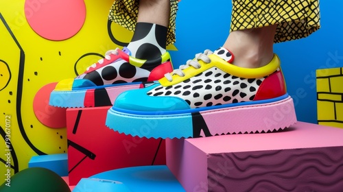 A pair of platform shoes with a bold and colorful Memphis-inspired design AI generated illustration