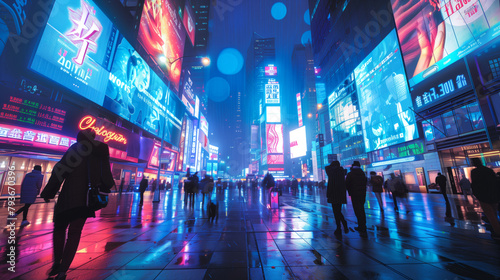 A futuristic cityscape dominated by digital billboards displaying financial advertisements, reflecting a world driven by commerce