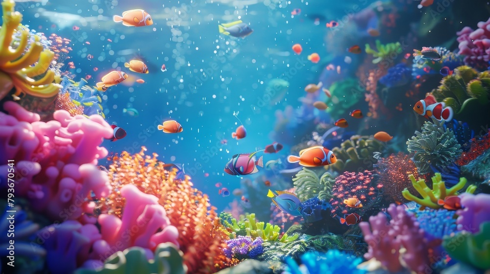 Obraz premium A playful 3D scene of kids exploring a coral reef underwater AI generated illustration