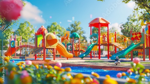 Wallpaper Mural A playful 3D scene of kids playing in a colorful playground  AI generated illustration Torontodigital.ca