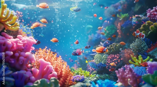 A playful 3D scene of kids exploring a coral reef underwater  AI generated illustration