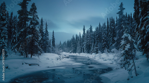 Northern lights illuminate the sky over a snowy winter landscape with towering pine trees and a frozen river