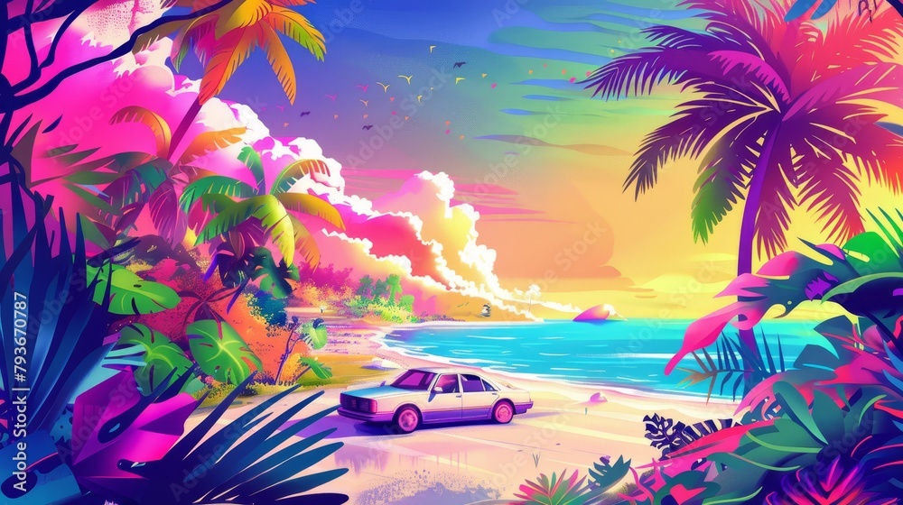 A playful and colorful illustration of a cartoon car drifting through a tropical paradise  AI generated illustration