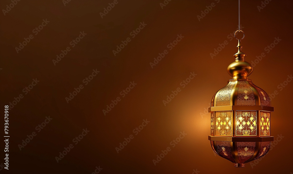 Golden arabic lamp with a mosque and a bell hanging from the mosque with brown background