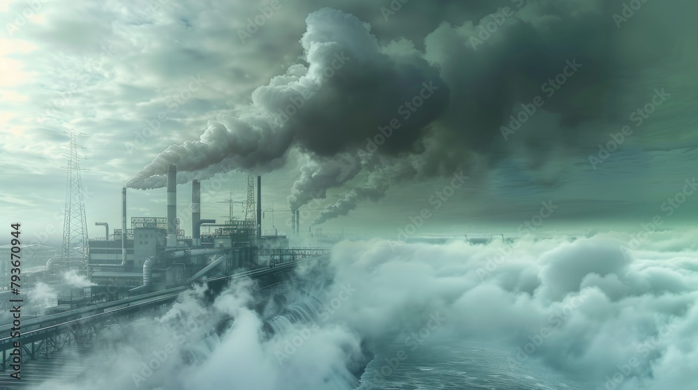 Fototapeta premium Aerial perspective, the power plant's towering pipes release black smoke into the atmosphere, contributing to pollution. Ecology concept. AI-generated.