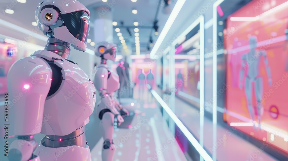 A playful depiction of a futuristic shopping center with robotic sales assistants and virtual fitting rooms AI generated illustration A playful depiction of a futuristic shopping center with robotic sales assistants and virtual fitting rooms AI generated illustration
