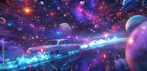 A playful and whimsical 3D render of a car drifting through outer space AI generated illustration