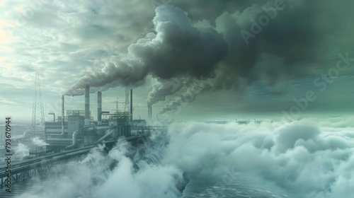 Aerial perspective, the power plant's towering pipes release black smoke into the atmosphere, contributing to pollution. Ecology concept. AI-generated. photo