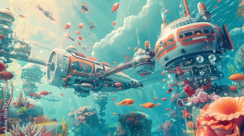 A playful depiction of a futuristic underwater world filled with colorful sea creatures and high-tech submarines  AI generated illustration