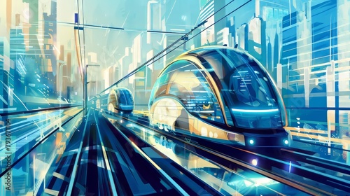 Abstract illustration of futuristic transportation concepts with emphasis on electric vehicles and public transit systems
